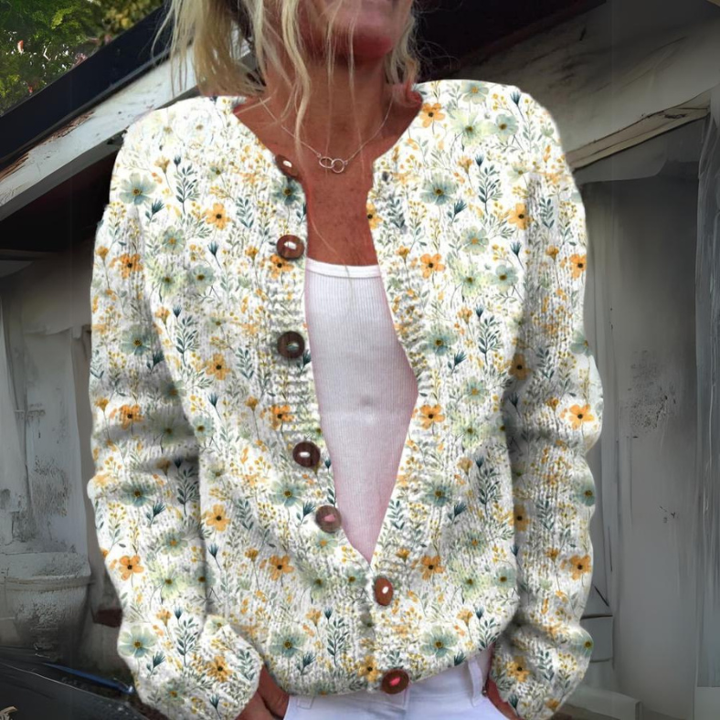 Margrethe | Blomstret Cardigan Med Rund Hals Og Knapper