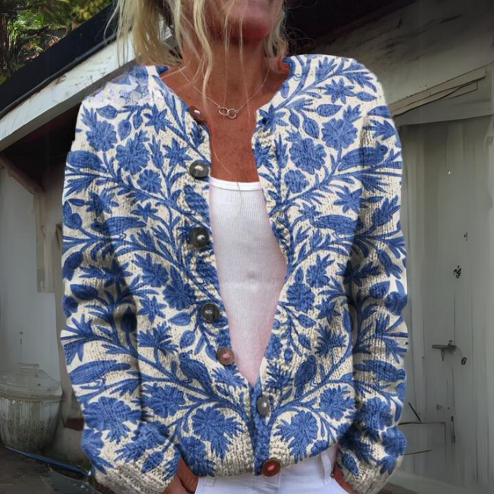 Margrethe | Blomstret Cardigan Med Rund Hals Og Knapper