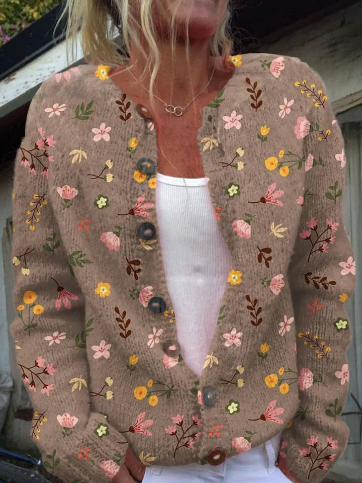 Margrethe | Blomstret Cardigan Med Rund Hals Og Knapper