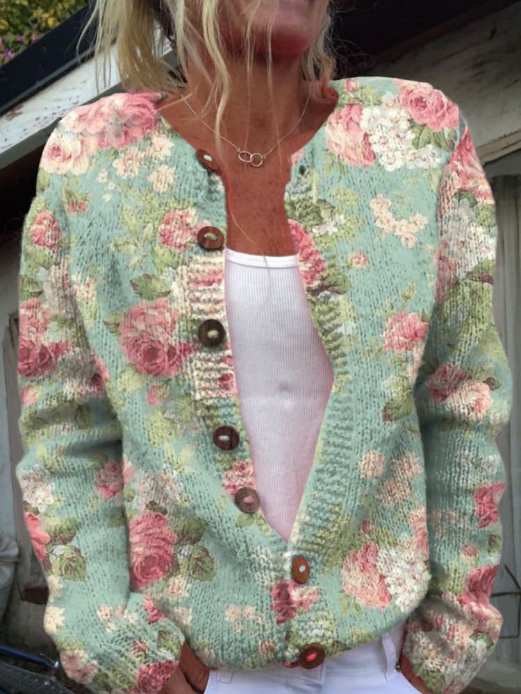 Margrethe | Blomstret Cardigan Med Rund Hals Og Knapper