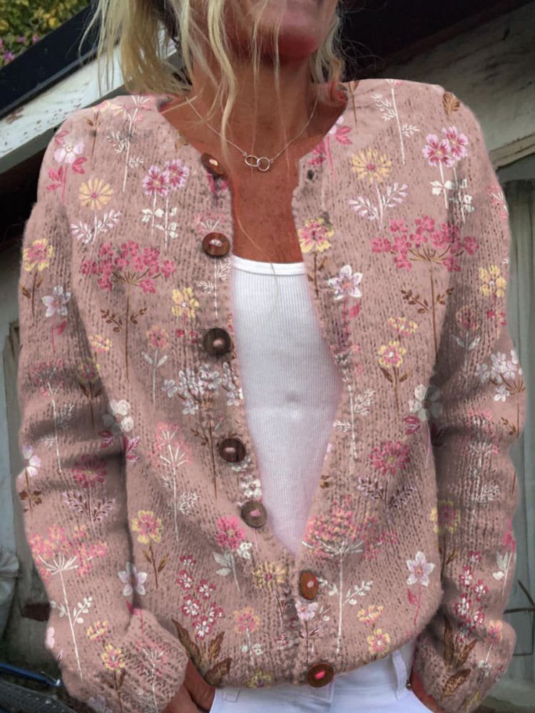 Margrethe | Blomstret Cardigan Med Rund Hals Og Knapper