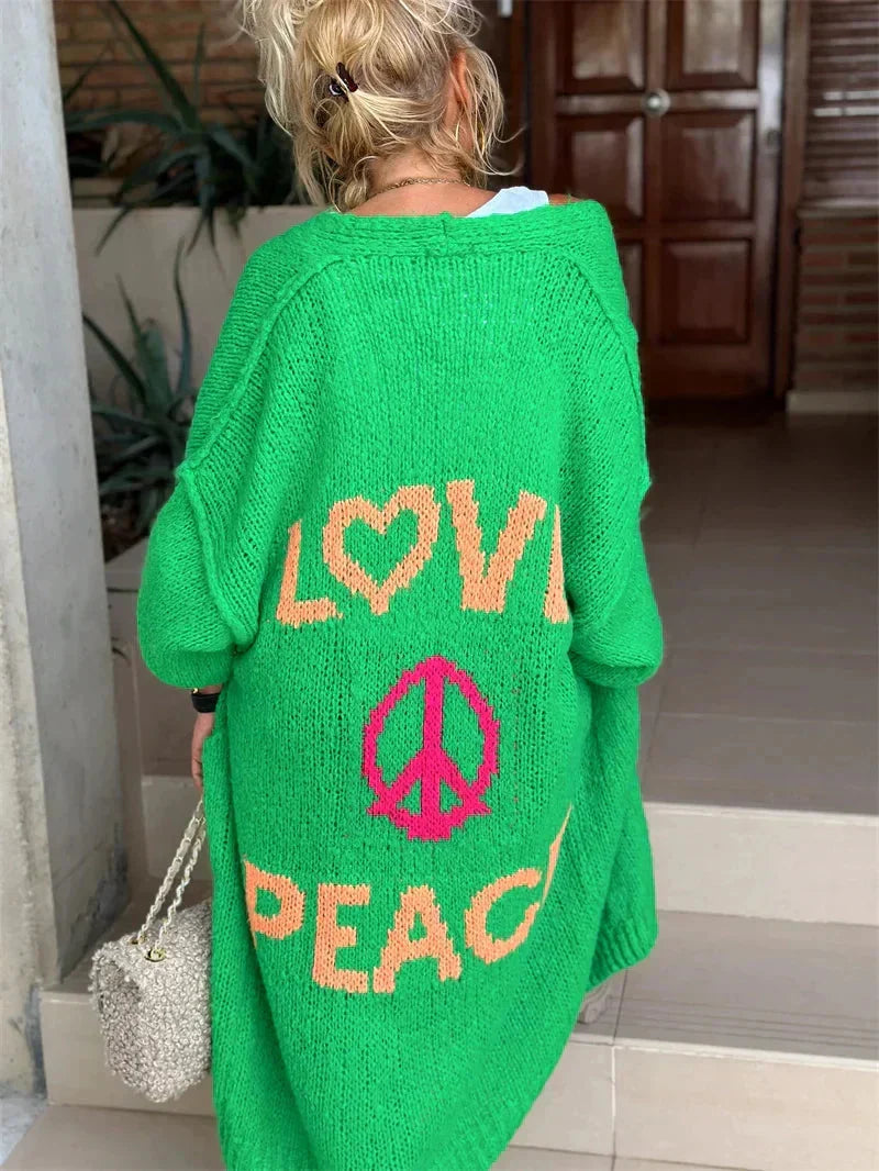 Birthe | Lang Cardigan Med Love Og Peace Mønster