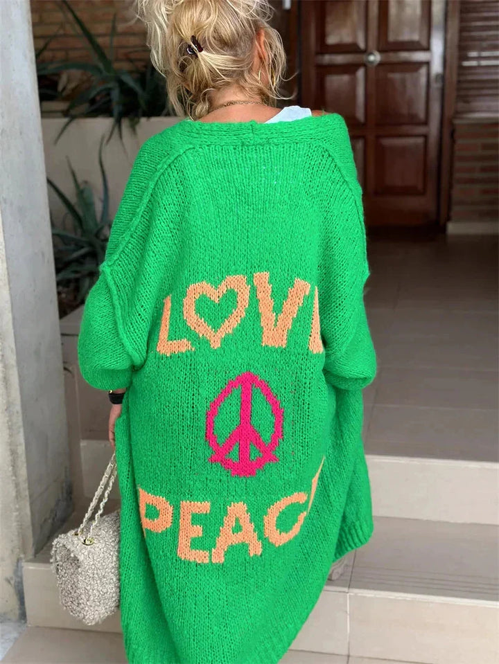 Birthe | Lang Cardigan Med Love Og Peace Mønster