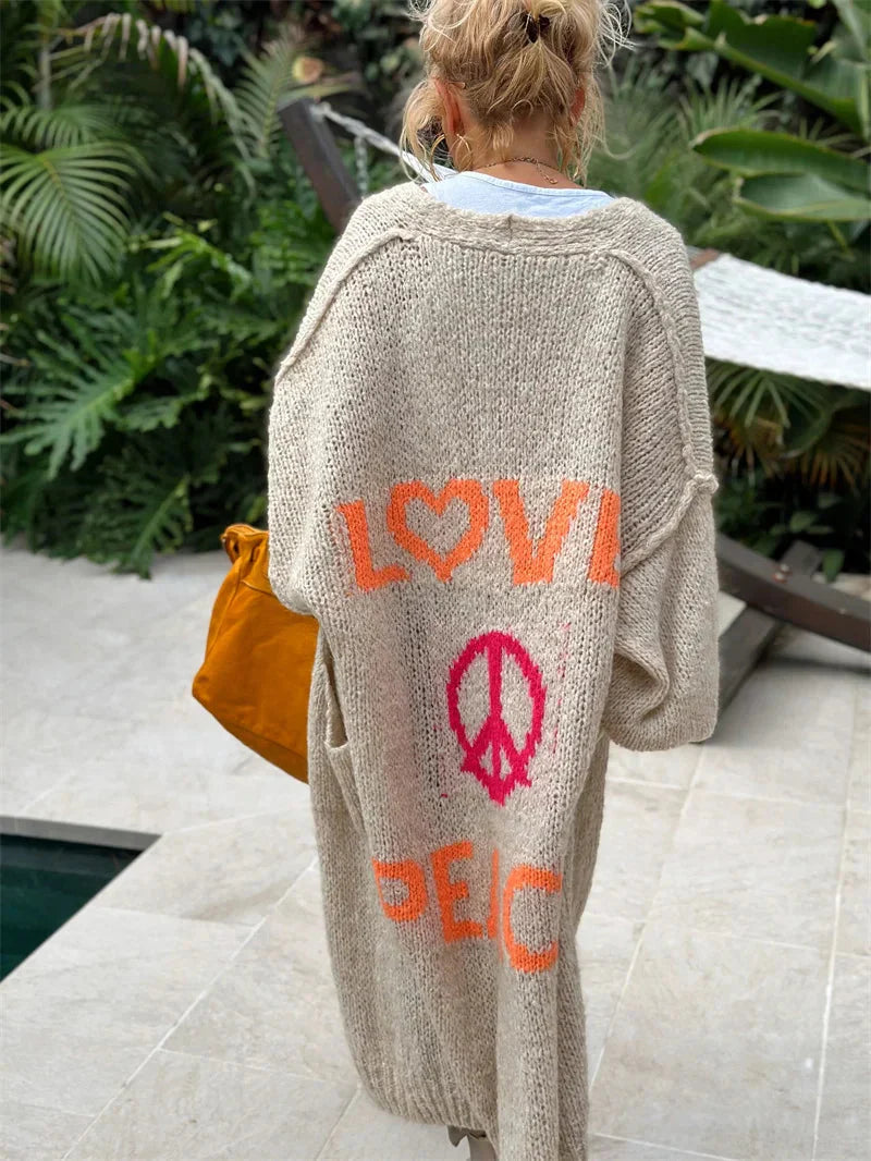 Birthe | Lang Cardigan Med Love Og Peace Mønster