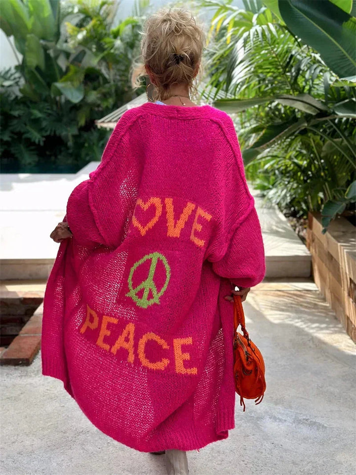 Birthe | Lang Cardigan Med Love Og Peace Mønster