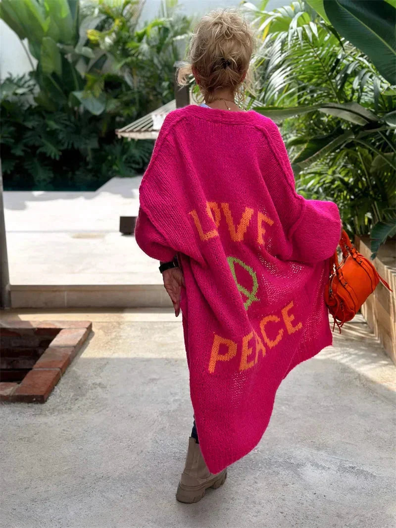 Birthe | Lang Cardigan Med Love Og Peace Mønster