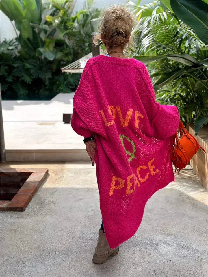 Birthe | Lang Cardigan Med Love Og Peace Mønster