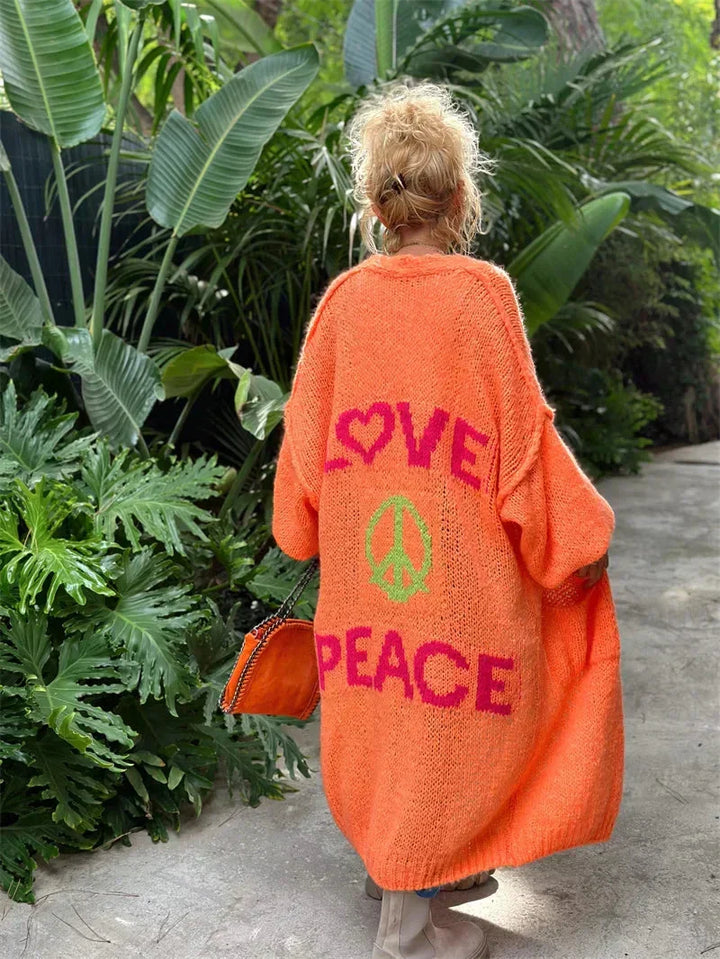 Birthe | Lang Cardigan Med Love Og Peace Mønster
