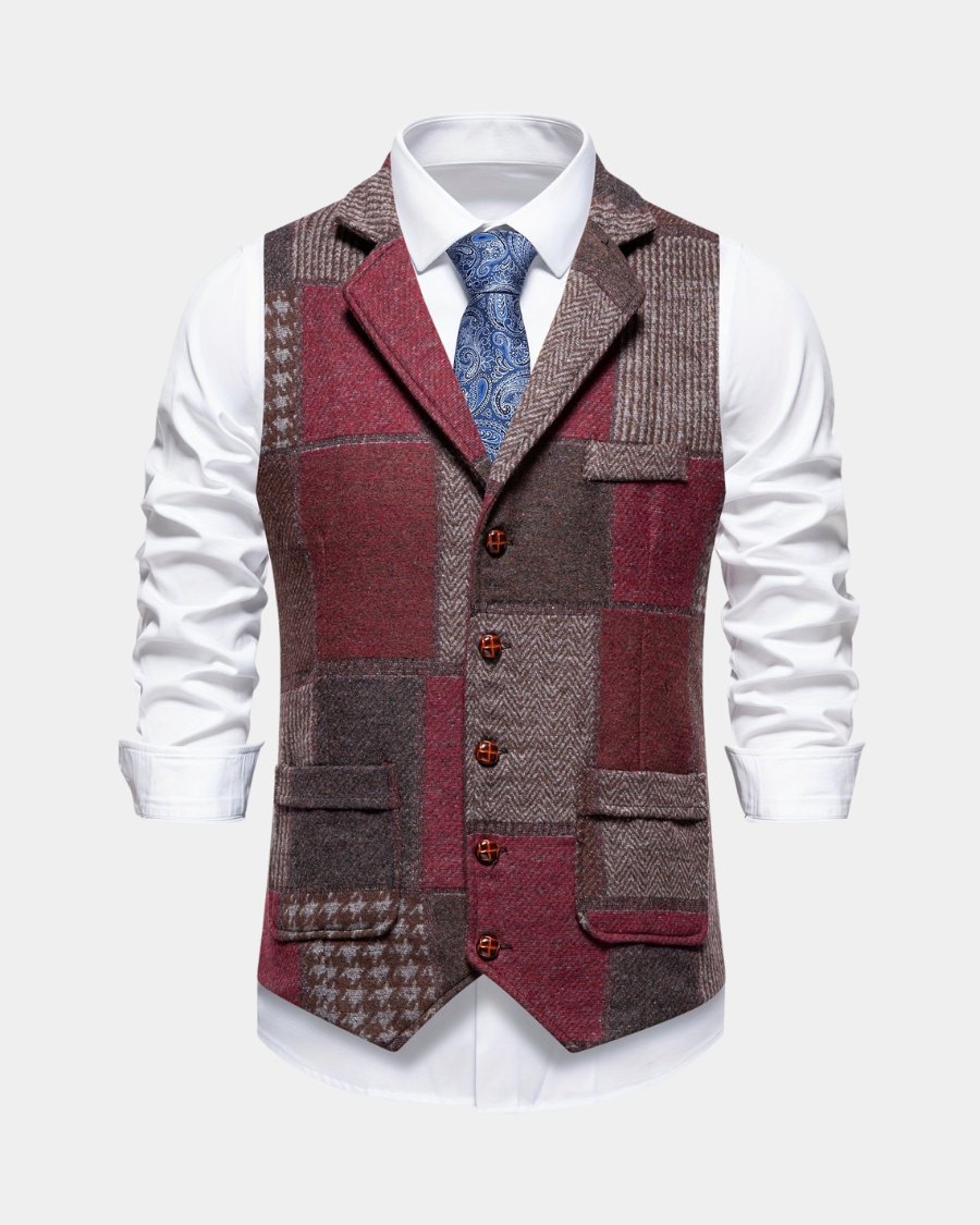 Morten | Patchwork Vest Med Revers Og Knaplukning