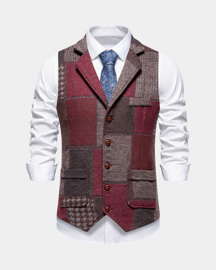 Morten | Patchwork Vest Med Revers Og Knaplukning