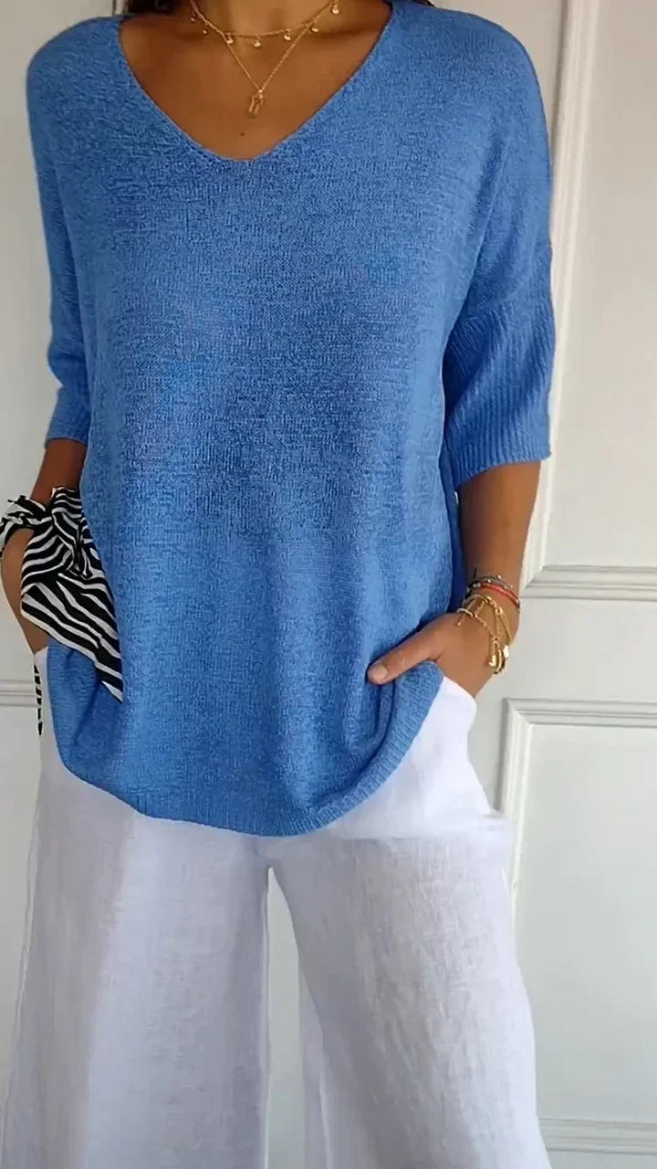 Mia™ - Cozy Top with Knitted V-Neck