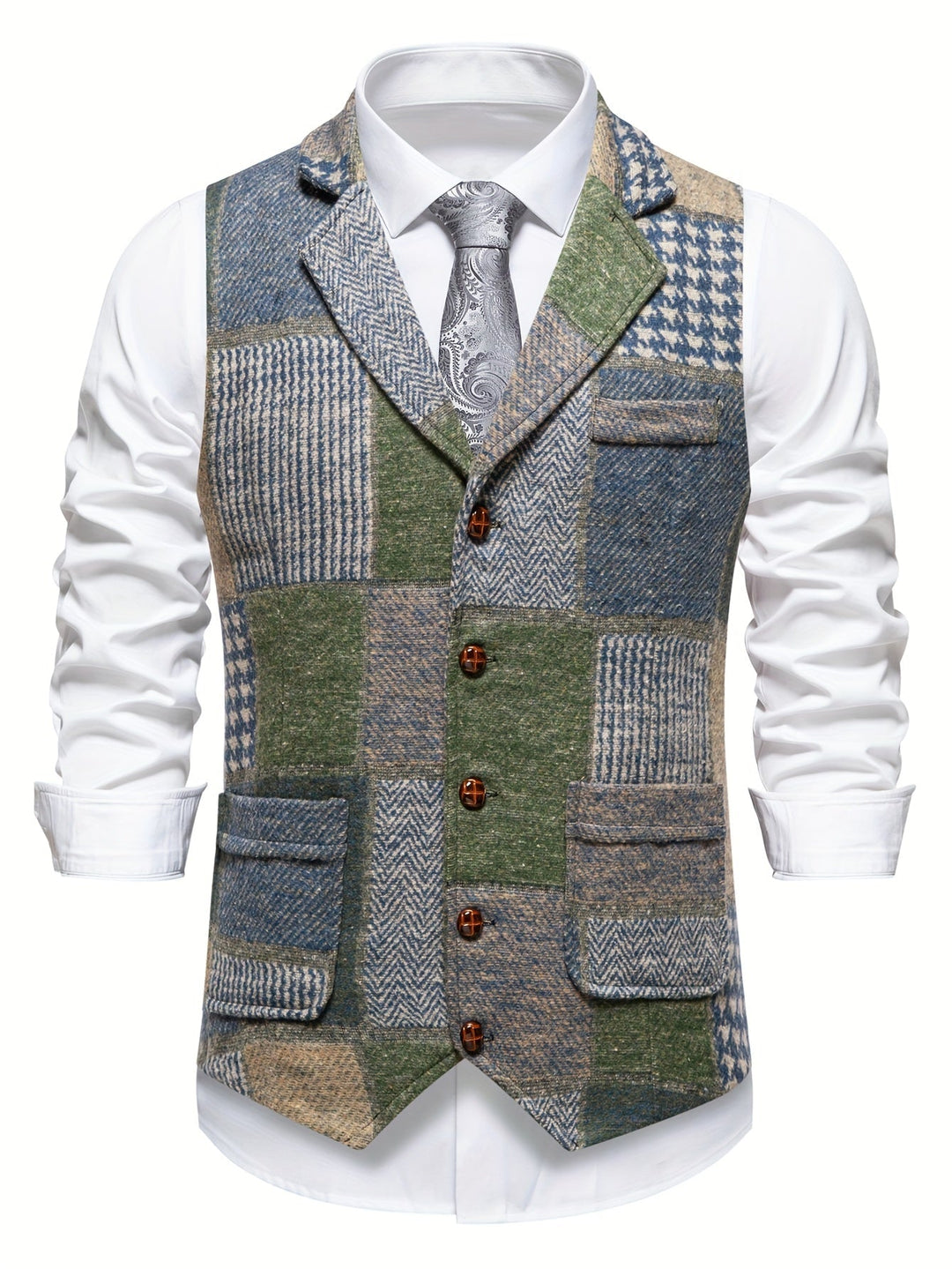 Morten | Patchwork Vest Med Revers Og Knaplukning