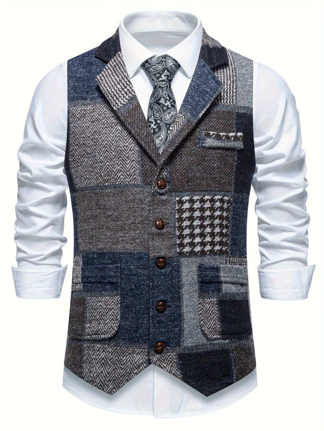 Morten | Patchwork Vest Med Revers Og Knaplukning
