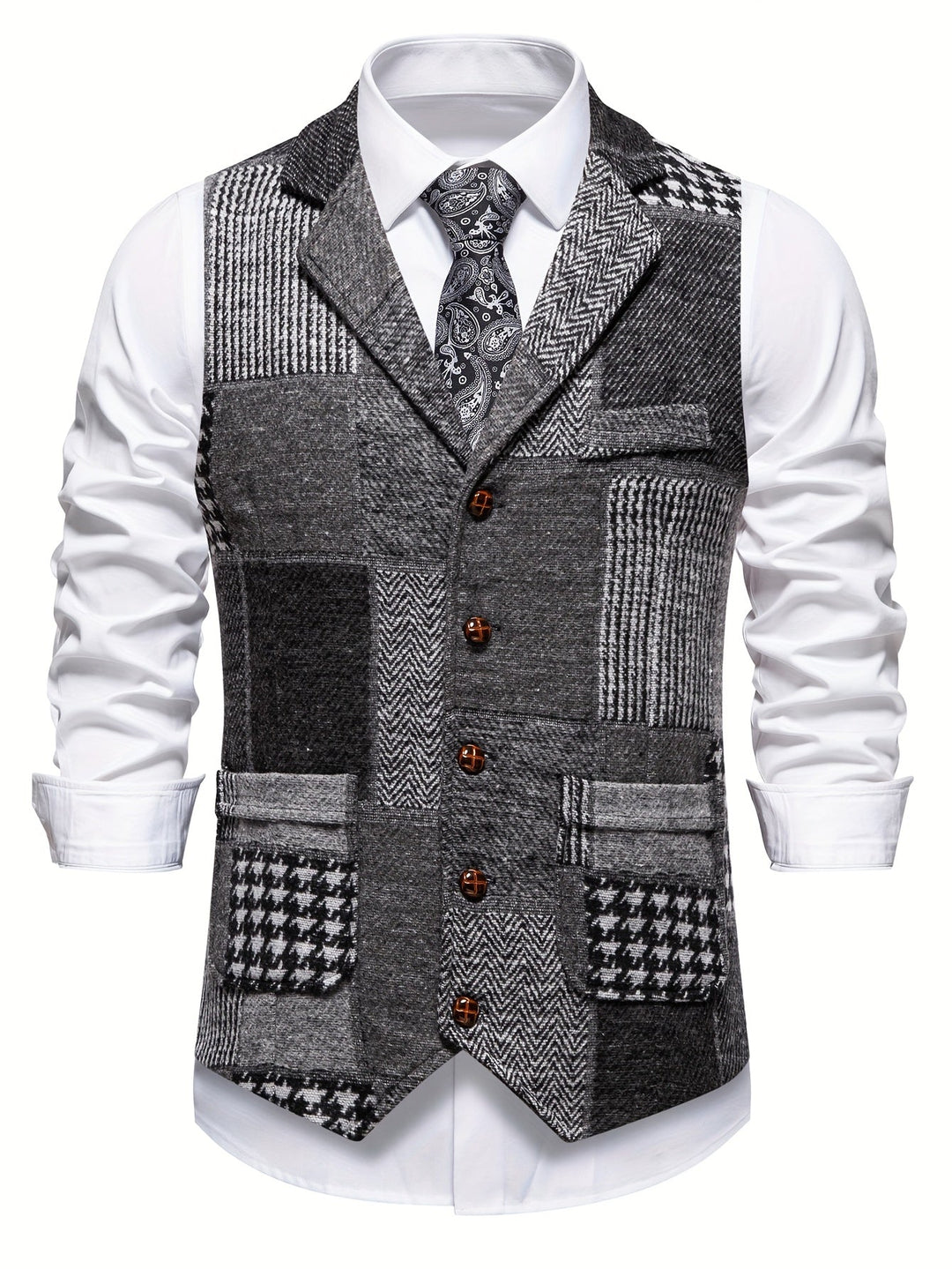 Morten | Patchwork Vest Med Revers Og Knaplukning