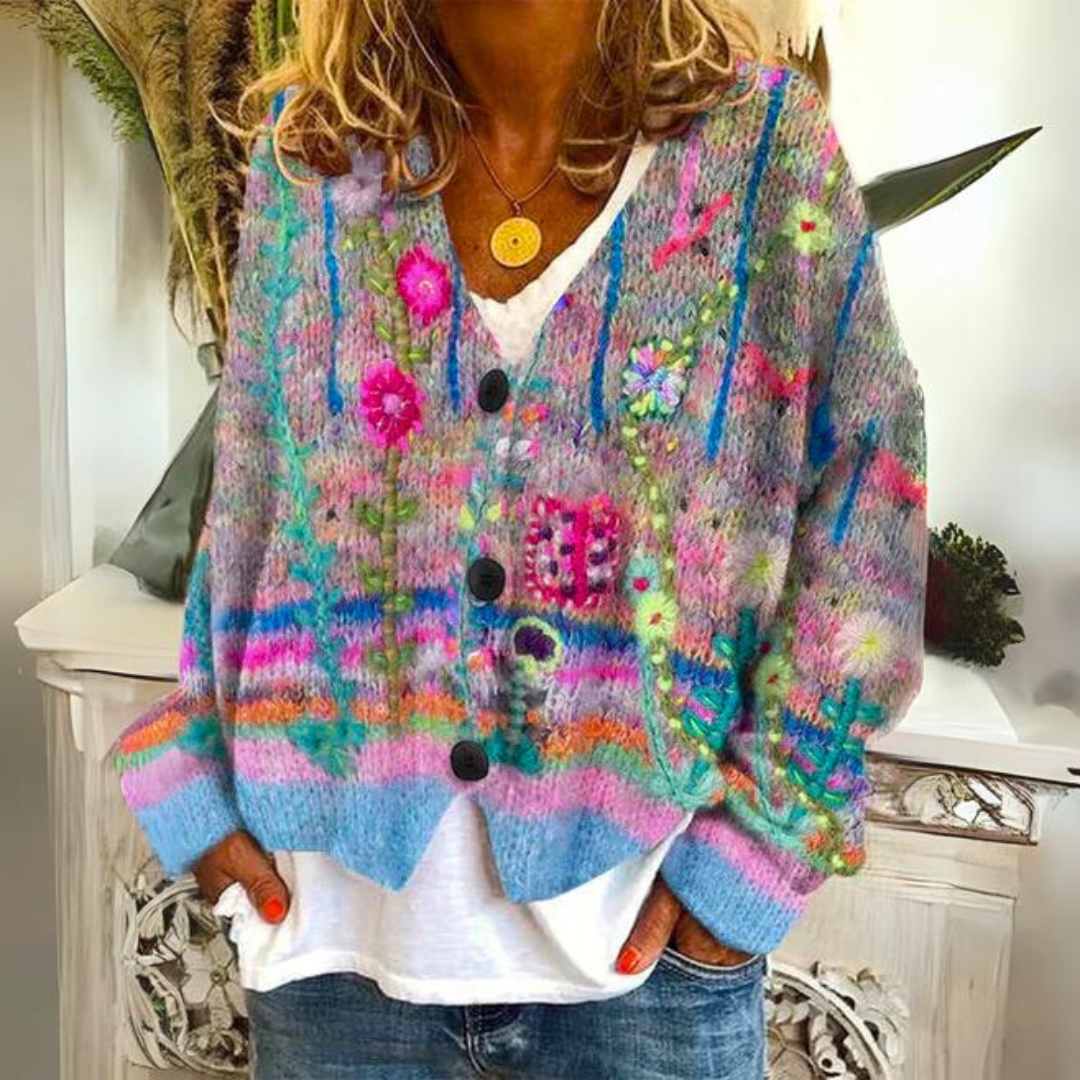 Solveig | Mønstret Cardigan Med V-Hals Og Knapper