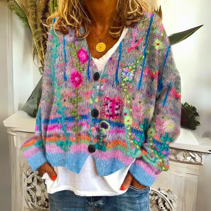 Solveig | Mønstret Cardigan Med V-Hals Og Knapper